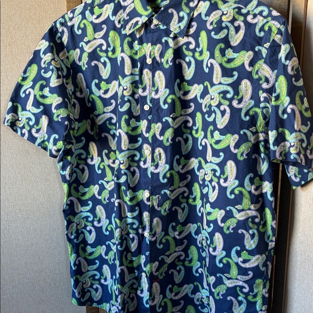 FINAL MARKDOWN Cremieux Navy and Lime Paisley Shirt large